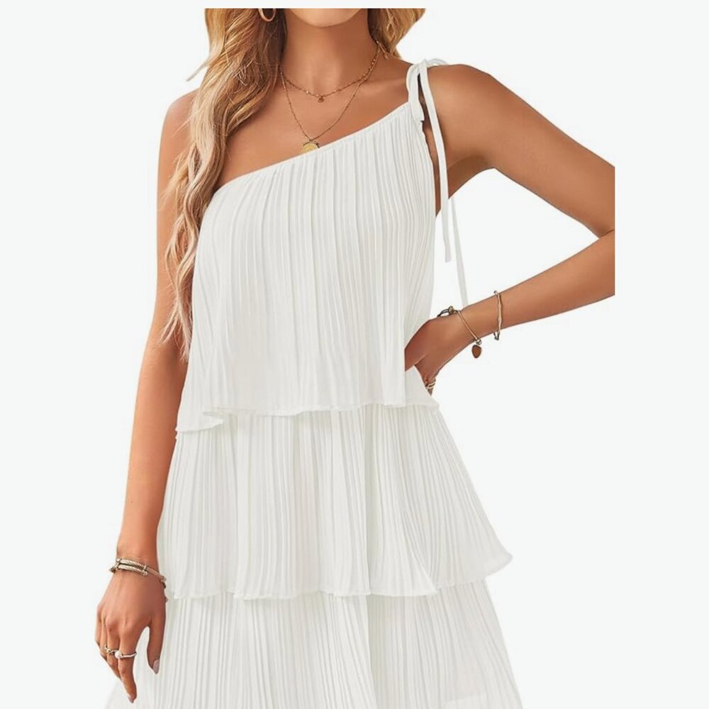 ZESICA Women's Boho Summer One Shoulder Sleeveless Ruffle Tiered Layered Chiffon